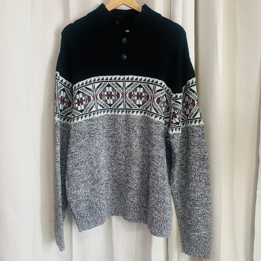 Chaps Mens Sweater XL Black Gray Fair Isle Geometric Mock Neck Button NWT Cotton